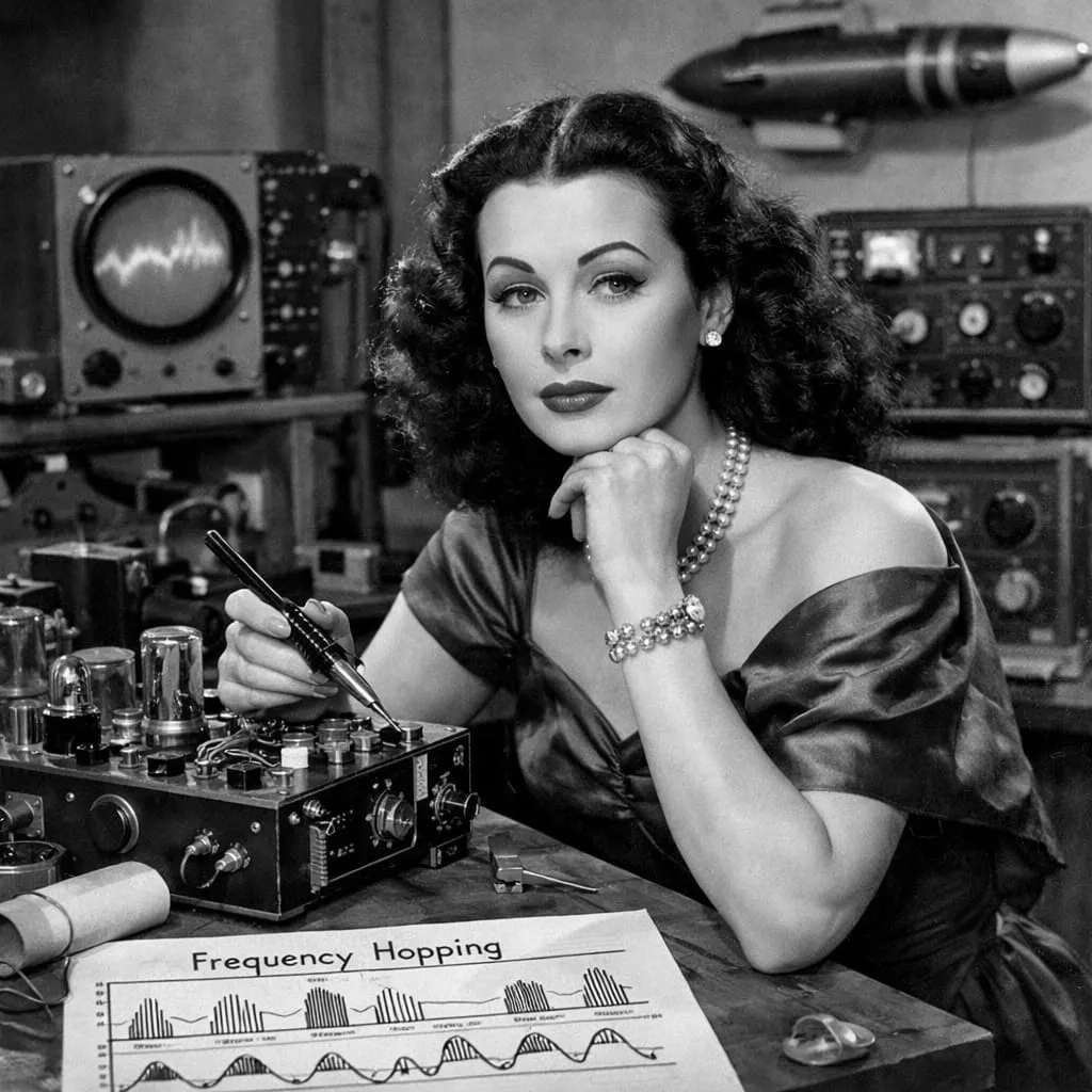 Hedy Lamarr with frequency hopping technology equipment
